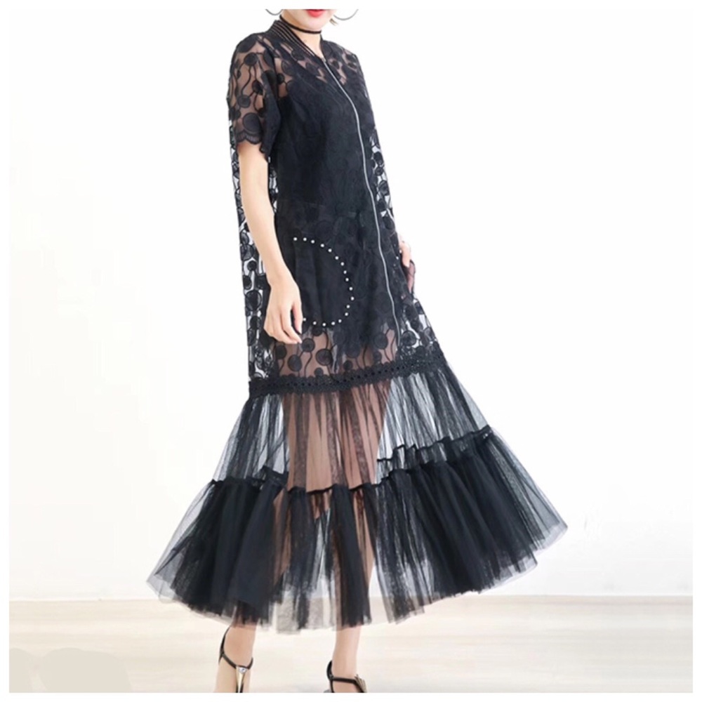🛍 Sheer Tulle Lace Zip Front Long Top - Picture 2 of 7